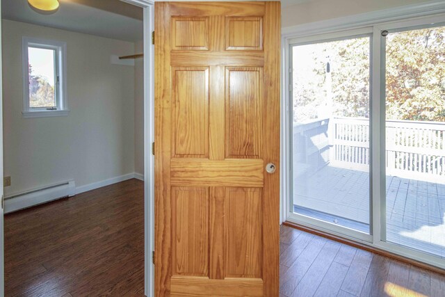 32 Morison Ave, Wells, ME 04090 - doorway to outside with a baseboard heating unit, baseboards, and dark wood-type flooring