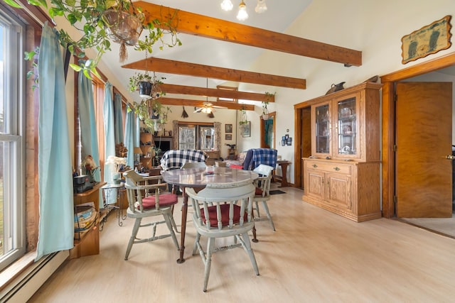 dining room with ceiling fan, light hardwood / wood-style floors, lofted ceiling with beams, and a baseboard heating unit