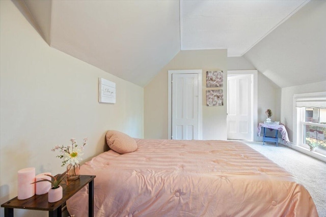 bedroom with carpet floors and vaulted ceiling