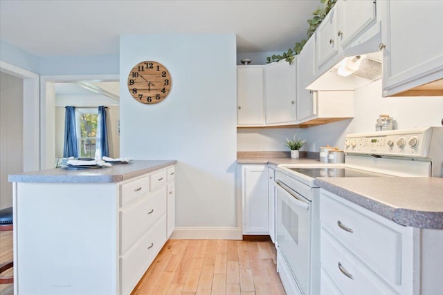 kitchen featuring kitchen peninsula, white cabinets, white electric range oven, and light wood-type flooring