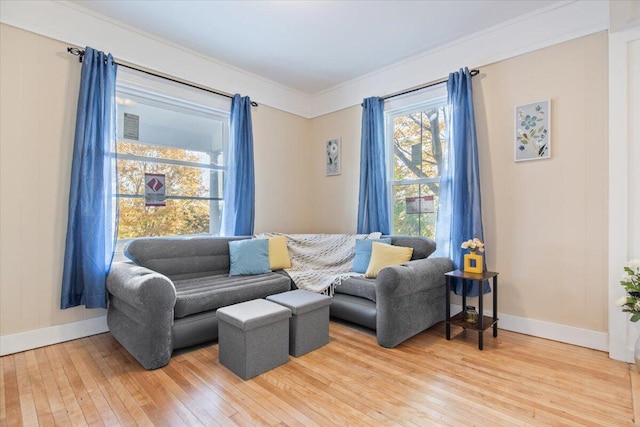 living room featuring ornamental molding and hardwood / wood-style floors