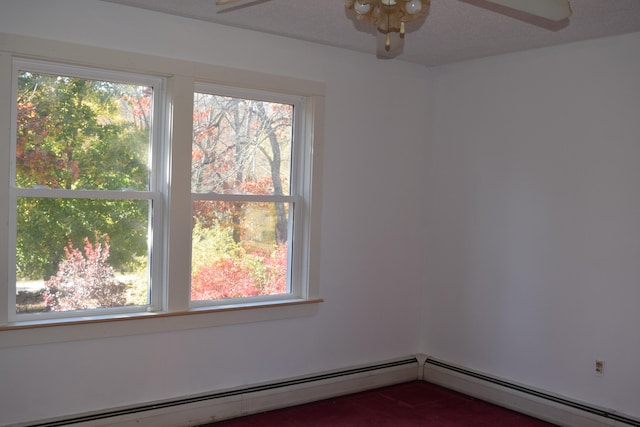 empty room with baseboard heating, a textured ceiling, and ceiling fan