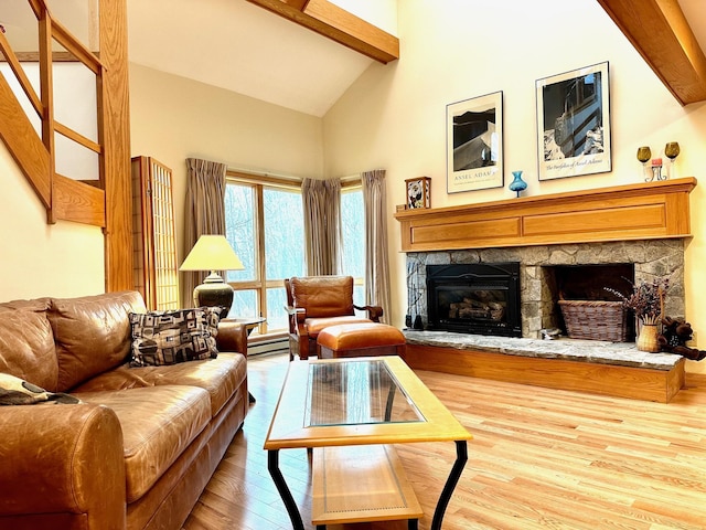 6071 Village On The Green Rd Unit G-11, Carrabassett Valley, ME 04947 - living room featuring a fireplace, a baseboard heating unit, beam ceiling, high vaulted ceiling, and wood finished floors