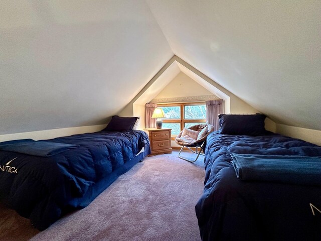 6071 Village On The Green Rd Unit G-11, Carrabassett Valley, ME 04947 - bedroom featuring light carpet and lofted ceiling