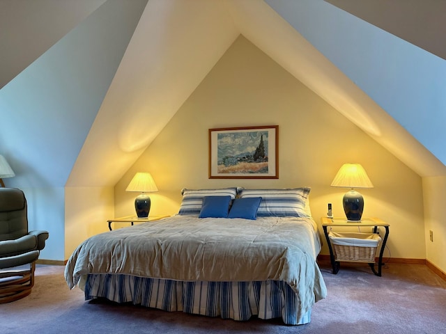 6071 Village On The Green Rd Unit G-11, Carrabassett Valley, ME 04947 - bedroom with carpet floors, vaulted ceiling, and baseboards