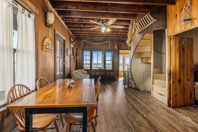 dining space featuring dark hardwood / wood-style floors, lofted ceiling with beams, wooden walls, and ceiling fan