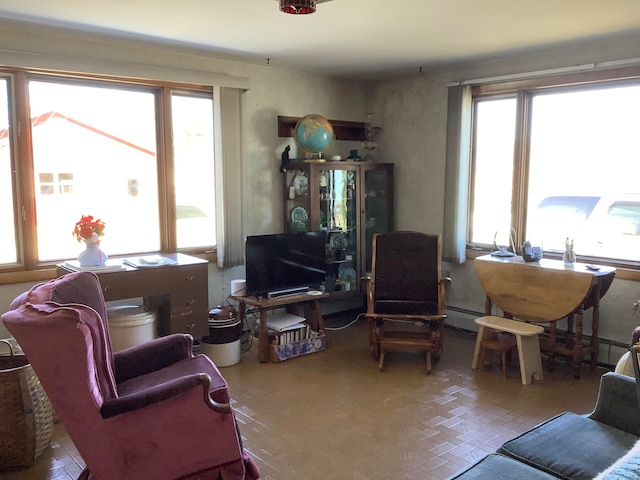 living area with a baseboard radiator and plenty of natural light