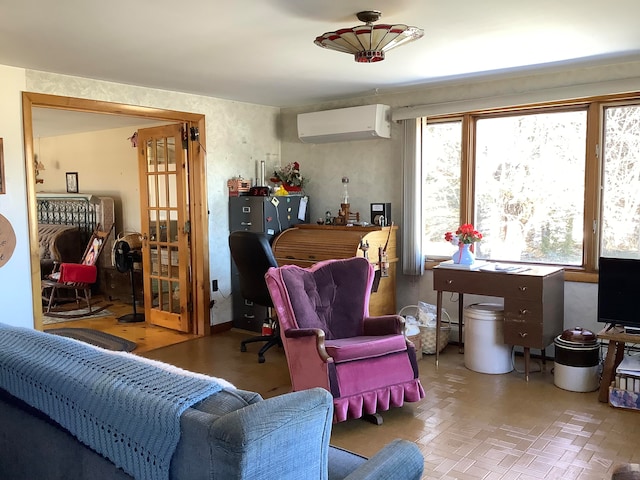 living room with a wall mounted air conditioner