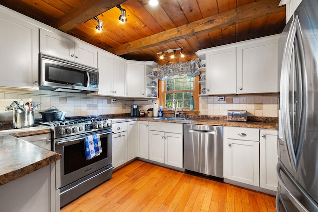 kitchen with white cabinetry, wood ceiling, light wood-type flooring, and appliances with stainless steel finishes