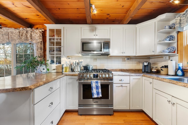 kitchen with white cabinets, light hardwood / wood-style floors, wood ceiling, and appliances with stainless steel finishes