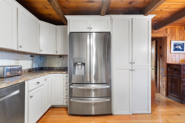 kitchen featuring wooden ceiling, white cabinets, light stone countertops, light hardwood / wood-style floors, and stainless steel appliances