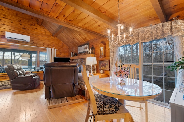 dining area with wood walls, an AC wall unit, beam ceiling, wood-type flooring, and wood ceiling