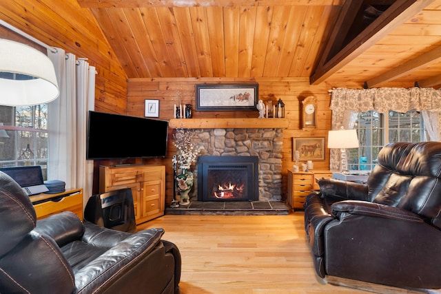 living room with lofted ceiling with beams, a healthy amount of sunlight, light wood-type flooring, and wood ceiling