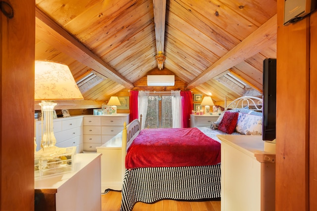 bedroom featuring a wall mounted air conditioner, lofted ceiling with beams, light hardwood / wood-style flooring, and wood ceiling