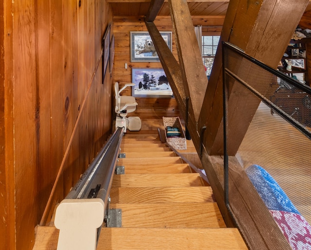 stairway featuring hardwood / wood-style floors and wooden walls