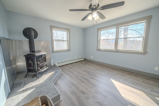 unfurnished living room featuring a baseboard radiator, light wood-type flooring, a wood stove, and plenty of natural light