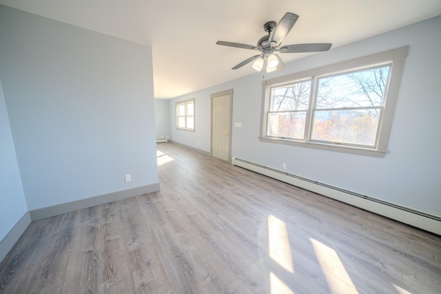 unfurnished living room with light hardwood / wood-style flooring, baseboard heating, and ceiling fan