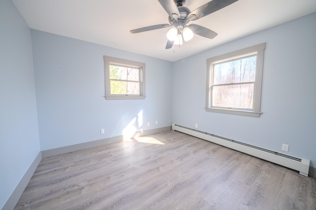 empty room featuring light hardwood / wood-style floors, baseboard heating, and ceiling fan