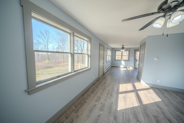 interior space with ceiling fan and light wood-type flooring