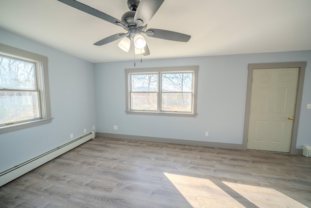 spare room featuring a baseboard radiator, light hardwood / wood-style floors, and ceiling fan