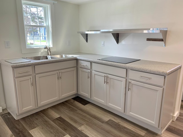 kitchen featuring white cabinetry, black electric stovetop, sink, and light wood-type flooring