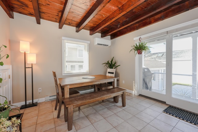 tiled dining space with a wall unit AC, beam ceiling, wooden ceiling, and baseboard heating