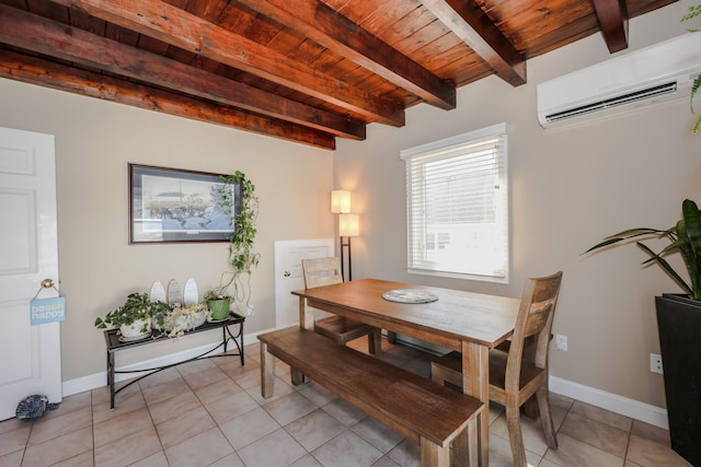 tiled dining area with beam ceiling, a wall unit AC, and wood ceiling