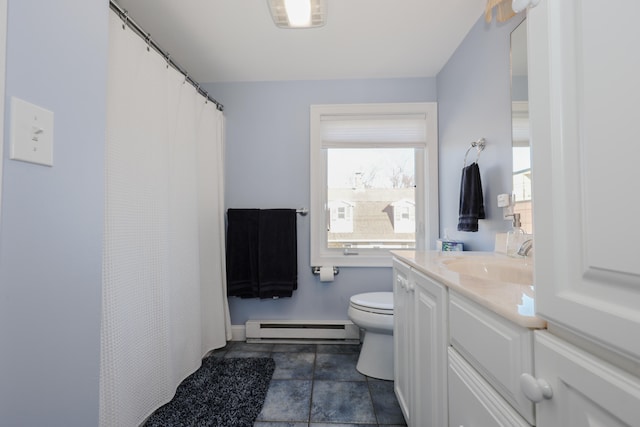 bathroom with toilet, tile patterned flooring, baseboard heating, a shower with shower curtain, and vanity