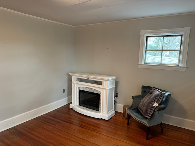 17 York St, Mars Hill, ME 04758 - living area featuring baseboards, wood finished floors, crown molding, and a fireplace