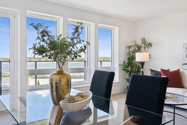 dining area with a water view and light hardwood / wood-style floors