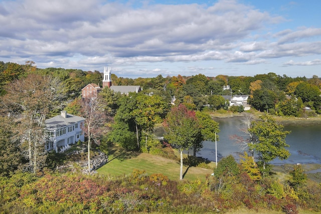 bird's eye view with a water view