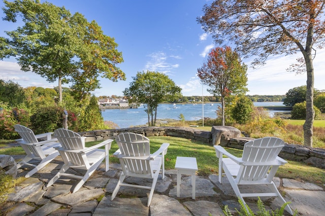 view of patio / terrace with a water view