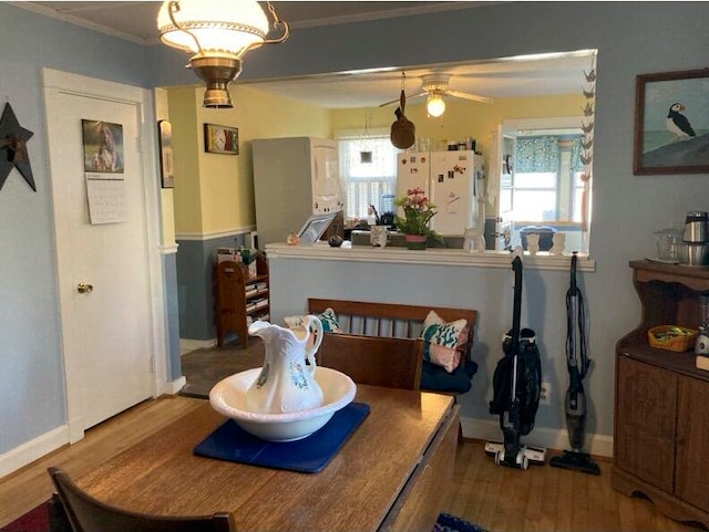 dining space with a wealth of natural light, ornamental molding, and wood-type flooring