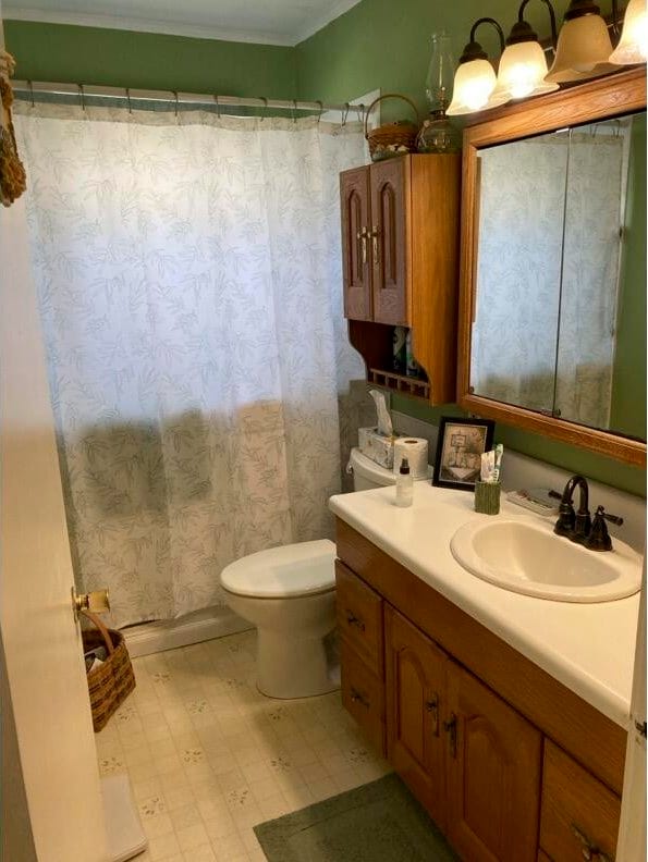 bathroom featuring vanity, ornamental molding, a shower with curtain, and toilet