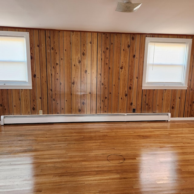 spare room featuring baseboard heating, wooden walls, and light hardwood / wood-style flooring