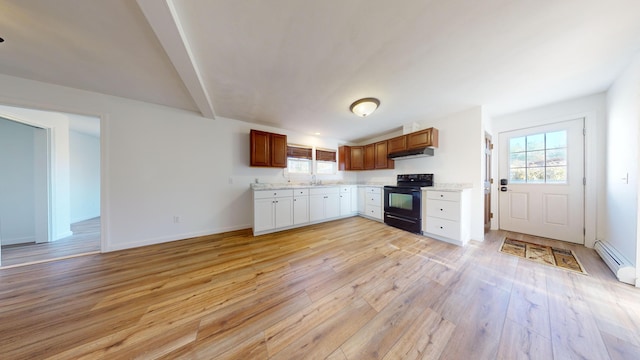 kitchen with baseboard heating, light hardwood / wood-style flooring, sink, black / electric stove, and white cabinets