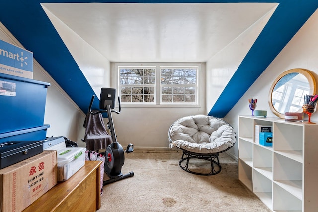 interior space with vaulted ceiling and carpet