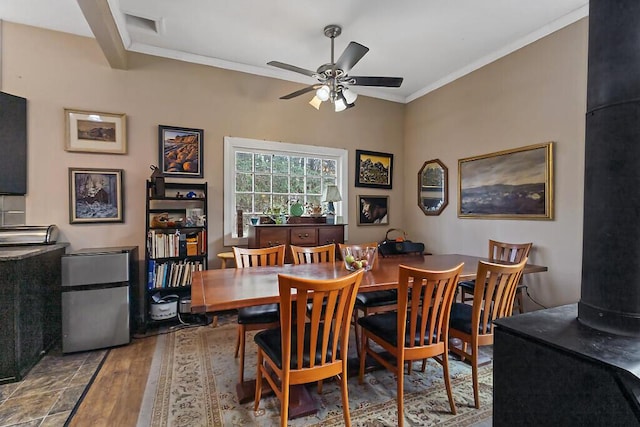 88 Piddock Ln, Fayette, ME 04349 - dining space featuring a ceiling fan, wood finished floors, and ornamental molding
