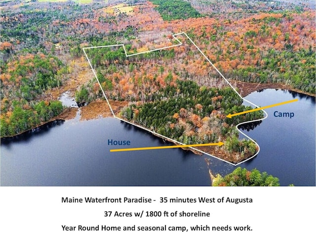 88 Piddock Ln, Fayette, ME 04349 - aerial overview of property's location featuring a large body of water and property parcel outlined