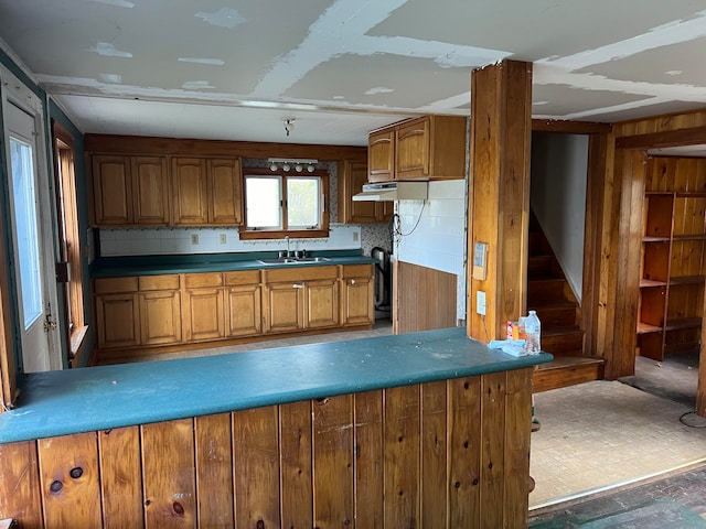 kitchen featuring sink, dark wood-type flooring, backsplash, and wood walls