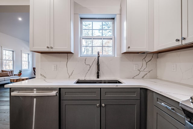 kitchen featuring stainless steel dishwasher, plenty of natural light, white cabinets, and gray cabinets