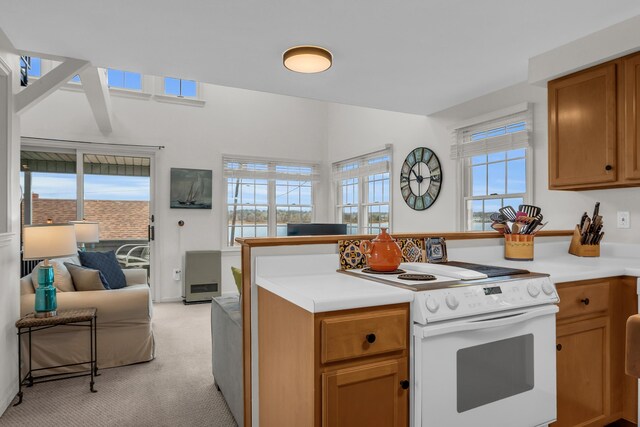 9 Robert Ln, Wells, ME 04090 - kitchen with electric range, a peninsula, healthy amount of natural light, and light colored carpet