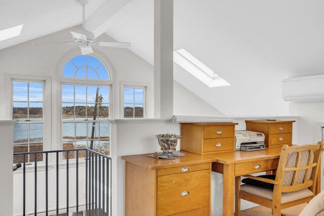 9 Robert Ln, Wells, ME 04090 - office area with a skylight, a wall mounted AC, ceiling fan, and a water view