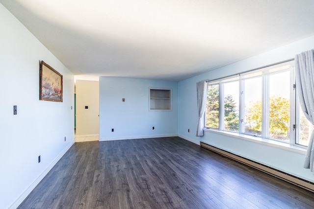 unfurnished living room with dark wood-type flooring and a baseboard heating unit