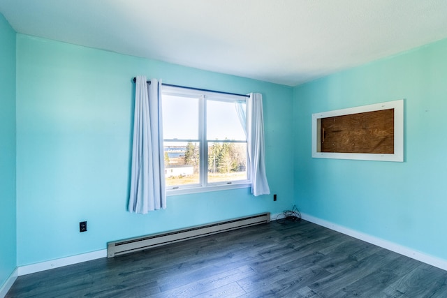 empty room featuring a baseboard radiator and dark hardwood / wood-style flooring