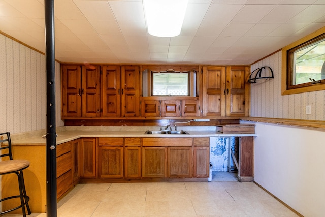 kitchen with a healthy amount of sunlight, sink, light tile patterned flooring, and a breakfast bar area