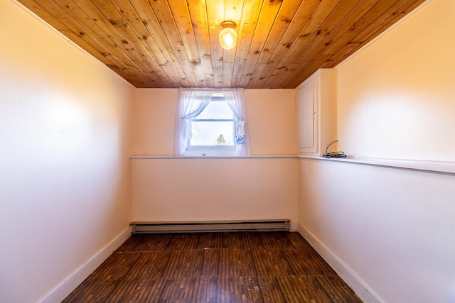 empty room with a baseboard heating unit, wood ceiling, and dark hardwood / wood-style floors