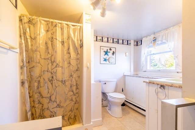 bathroom featuring baseboard heating, a shower with shower curtain, toilet, and tile patterned flooring