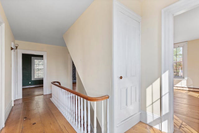 corridor with light hardwood / wood-style floors and a baseboard heating unit