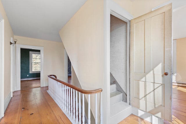 stairs with hardwood / wood-style floors